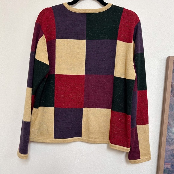 VINTAGE CHRISTOPHER & BANKS holiday color block cardigan sweater sz L, green - Picture 13 of 14